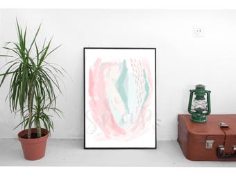 Puede incluir: Impresión de arte abstracto con pintura de acuarela rosa y verde en un marco negro. La impresión está colgada en una pared blanca.