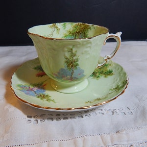 Antique Aynsley Embossed Bluebell Time Square Cup & Saucer set in Lime Green