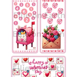 Könnte beinhalten: Eine rosa und weiße Valentinstagskarte mit einem Briefkasten und einem Blumenstrauß. Die Karte enthält den Text "Happy Valentine's Day" und "Ellie on Earth".