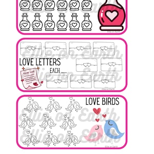 May include: A printable Valentine's Day activity sheet with three sections: Love Potion, Love Letters, and Love Birds. Each section has a black and white illustration of the theme and the text "Each ____" to fill in the number of items.