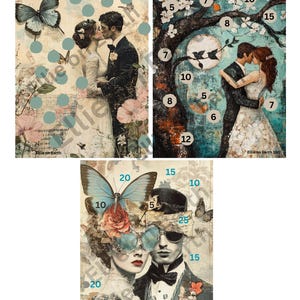 May include: Three romantic art prints featuring couples. The first shows a couple kissing, with butterflies and floral accents. The second depicts a couple under a tree with a moon. The third features a couple with butterfly and floral embellishments.