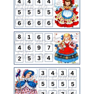 May include: Three vintage bingo cards with images of girls in dresses. Each card has a grid of 16 squares with numbers from 1 to 9. The first card has the numbers 4, 5, and 6. The second card has the numbers 8, 1, 6, 5, 4, 6, 9, 7, 2, 5, 3, and 4. The third card has the numbers 3, 4, 5, 7, and 6.