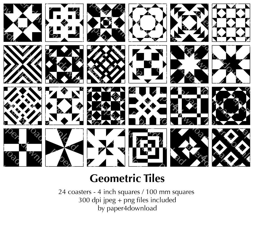 Black and White Coaster Set Geometric Printable Clipart Etsy