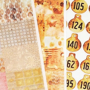 May include: A collage of patterned paper with a variety of textures and colors. The paper is decorated with round, white stickers with black numbers on them. The numbers on the stickers are 105, 124, 140, 162, 195, 168, 190.