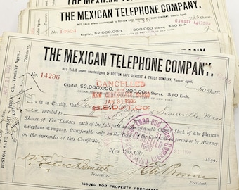 Vintage Mexican Telephone Company Stocks 1890s-1900s Lot of 5