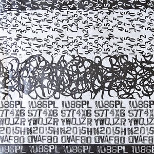 May include: Black and white abstract design with a repeating pattern of numbers and letters. The text includes the numbers 186PL, 1086PL, 7T4X6, 57T4X6, 2015HN, and OVAF80.