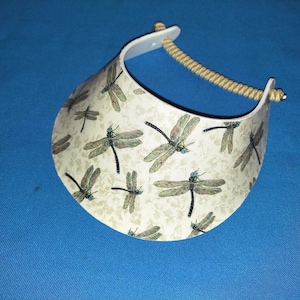 Woman Lady Sun Visor Hat No-Pinch Foam, Sailboat Flamingo Hibiscus Soccer Palms Flip Flops Turtle, Walks Beach Pool Golf Yoga Cruise Travels Dragonfly on Tan