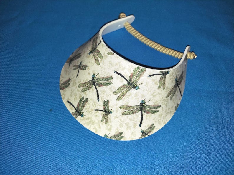 Woman Lady Sun Visor Hat No-Pinch Foam, Sailboat Flamingo Hibiscus Soccer Palms Flip Flops Turtle, Walks Beach Pool Golf Yoga Cruise Travels Dragonfly on Tan