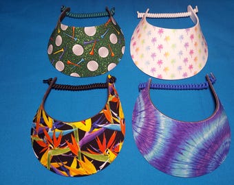 Women Ladies Foam Sun Visor Hats, No-Pinch, White Black Red Flip Flops Palms Boats Hibiscus, Walks Beach Pool Golf Cruise