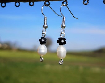 Millefiori Pearl Earrings - Murano Glass Earrings - Flower Earrings - Monochrome Earrings - Freshwater Pearl Earrings -