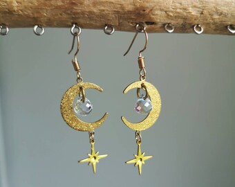 Brass Moon Earrings - Crystal Moon Earrings - Gold Moon Earrings - Suncatcher Earrings - Regal Jewellery - Moon And Sun Earrings