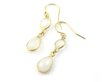 Gold Moonstone Dangle Earrings, Dainty Moonstone Drop Earrings, Gold Filled Moonstone Earrings, Double Drop Earrings, Gemstone Earrings