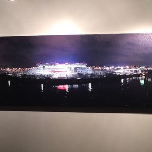 May include: A panoramic nighttime photograph of a city skyline with a large stadium lit up in the distance. The stadium is reflected in the water below. The city lights are visible in the background.