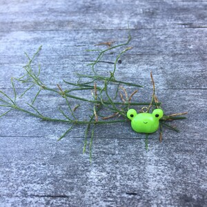 May include: A small green frog charm with a gold loop for hanging. The charm is sitting on a bed of green twigs.