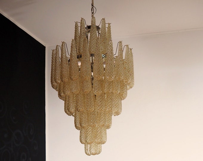 Huge Italian vintage Murano glass chandelier - 85 glass amber petals drop