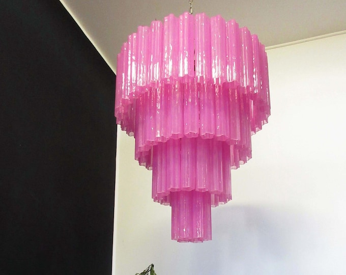 Huge Vintage Murano Glass Tiered Chandelier - 78 glasses - pink fuchsia silk