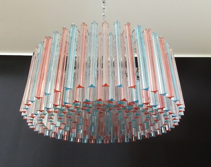 Large Triedri Murano glass Chandelier - 265 pink and blue prism