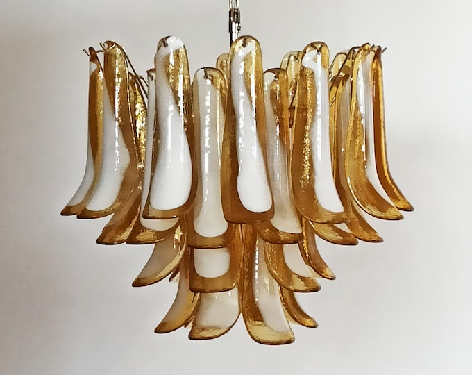 Italian vintage Murano chandelier - Mazzega - 36 lattimo amber glass petals.