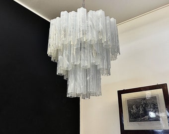 Large three-Tier Murano Glass Tube Chandelier - white albaster