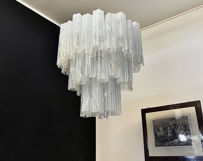 Large three-Tier Murano Glass Tube Chandelier - white albaster