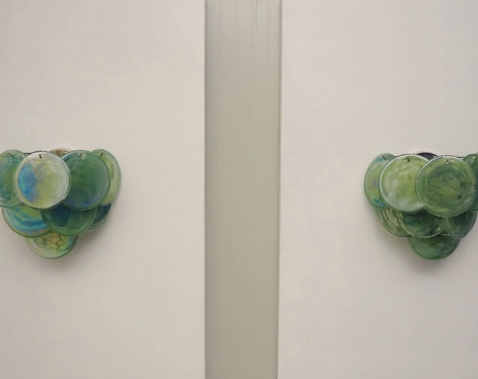 Pair of glass wall sconces - 10 iridescent alabaster green discs