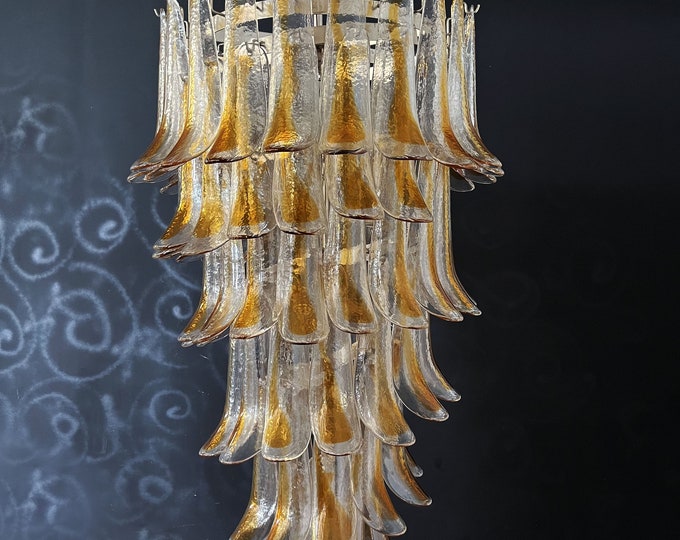 Huge Italian Murano Glass spiral chandelier - 83 amber and clear glass petals