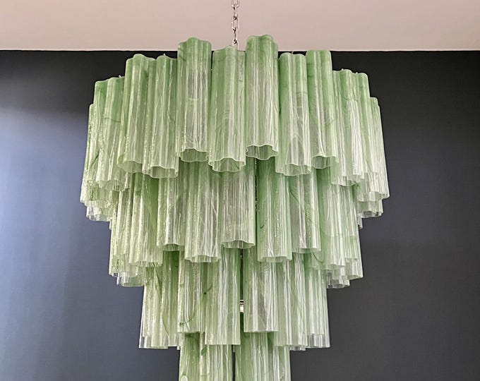 Huge Vintage Murano Glass Tiered Chandelier - 80 glasses - green alabaster glass tube