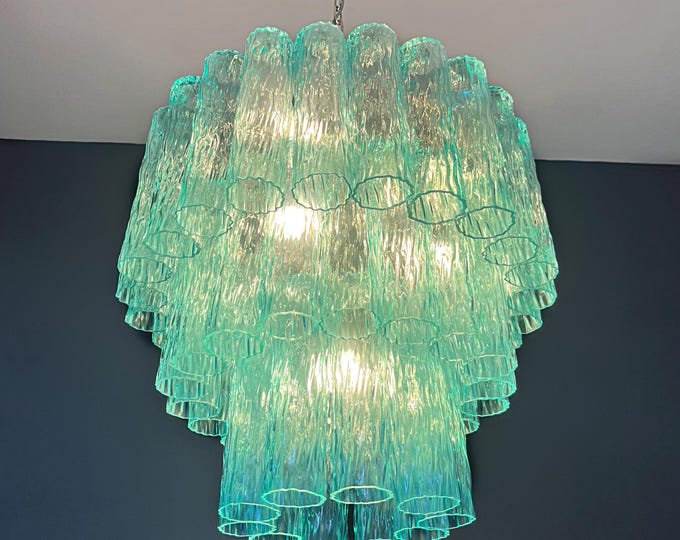 Large three-Tier Venini Murano turquoise Glass Tube Chandelier