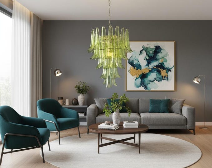 Italian vintage Murano chandelier - 52 amber green petals