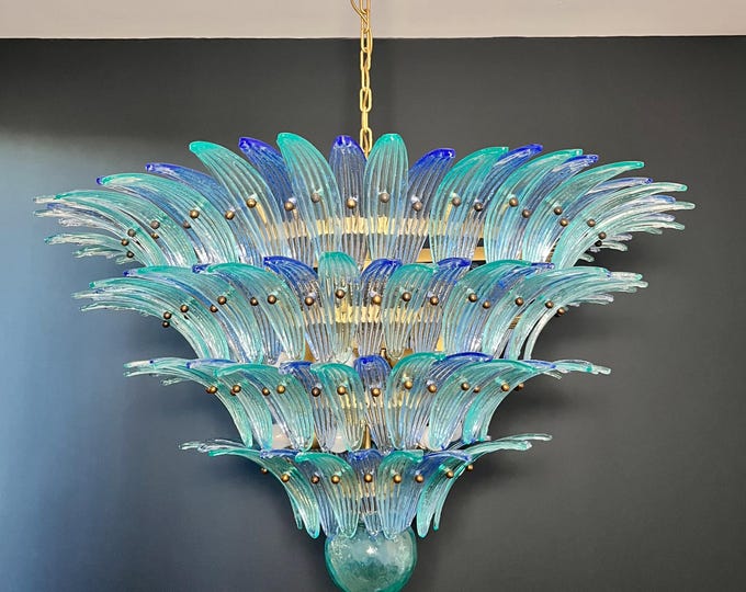 Palmette Ceiling Light - four levels, 160 blue and turquoise glasses