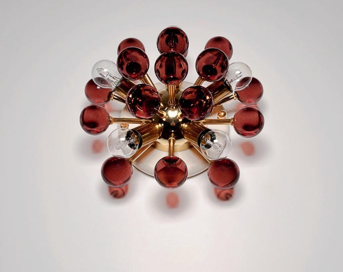 Pair of Murano brass sputnik wall sconces / ceiling lights - multicolored glasses