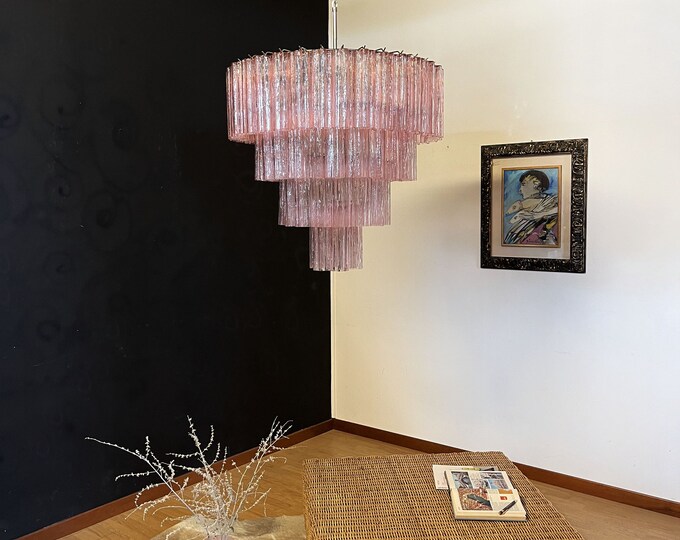 Huge Vintage Murano Glass Tiered Chandelier - 78 PINK glasses