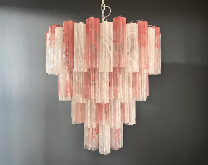 Huge Vintage Murano Glass Tiered Chandelier - 80 glasses - pink and white alabaster glass tube