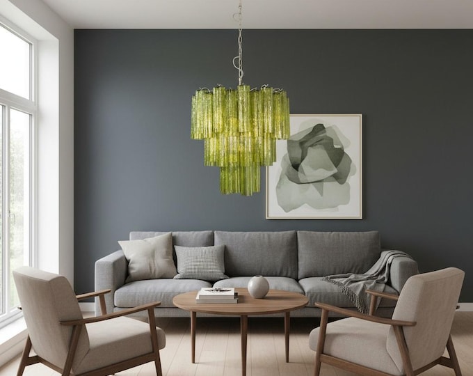 Three-Tier Murano Glass Tube Chandelier - 48 green GLASSES - Mid-century modern