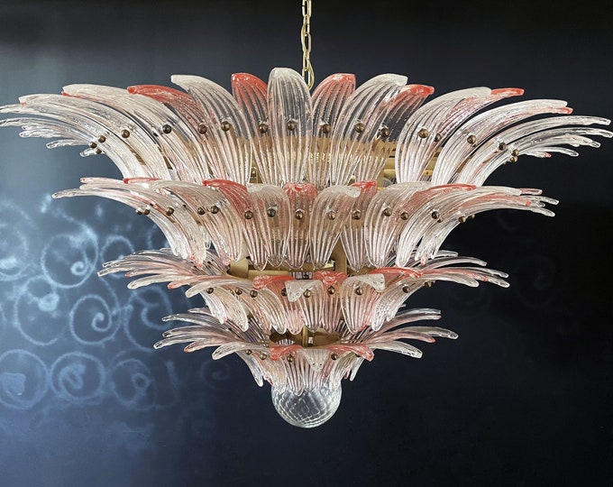 Palmette Ceiling Light - four levels, 163 pink and transparent glasses
