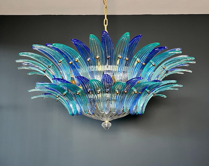 Murano Chandelier / ceiling light Original Palmette, two levels, 82 blue and turquoise glasses clear glasses