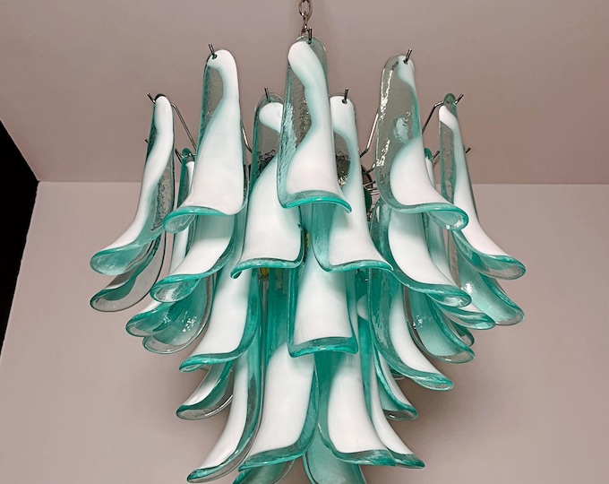 Italian vintage Murano chandelier - Mazzega - 36 lattimo turquoise glass petals