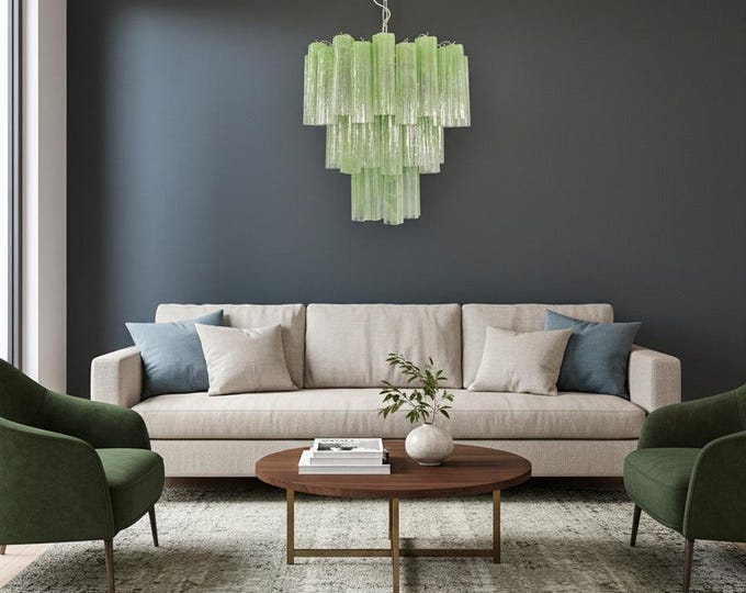 Large three-Tier Murano Glass Tube Chandelier - green albaster