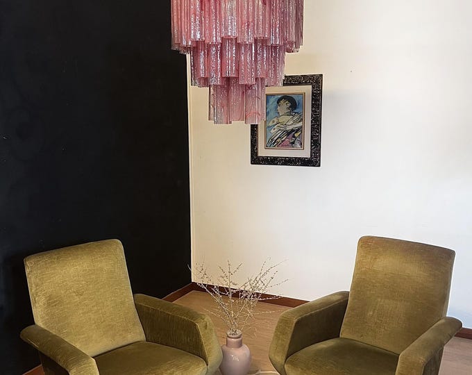 Large three-Tier Murano Glass Tube Chandelier - pink albaster