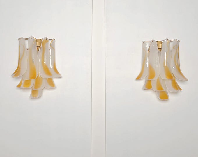 Pair of Vintage Italian Murano wall lights - 10 acid-etched amber glass petals