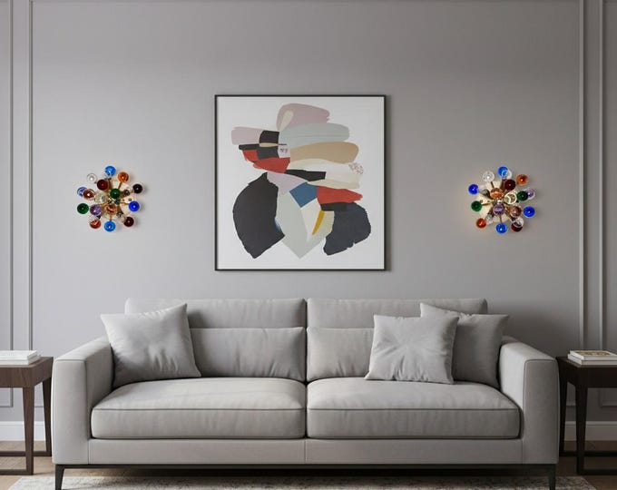 Pair of Murano brass sputnik wall sconces / ceiling lights - multicolored glasses