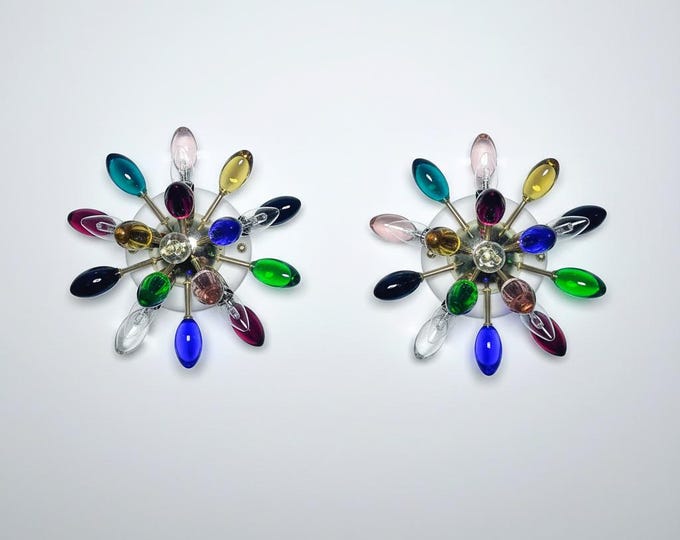 Pair of Murano brass sputnik wall sconces / ceiling lights - multicolored glasses