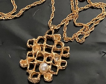 Pearl Pendant Necklace, Brutalist 1970S Style | Gold Plated | 21In Vintage Deadstock London