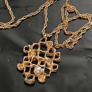 Pearl Pendant Necklace, Brutalist 1970S Style | Gold Plated | 21In Vintage Deadstock London