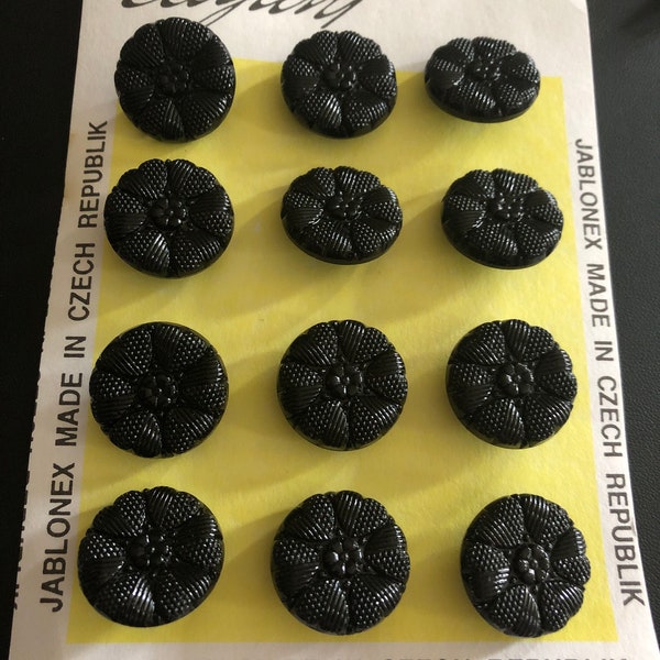 12 x boutons ronds en verre noir moulé tchèque vintage 22 mm 3/4"
