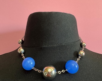 Czech Chrome blue glass bead necklace, antique art deco jakob Bengel era