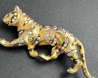 Tiger Brooch Gold | Vintage Hollywood Signed Pin, Black Enamel, Rhinestones, Collectible, 5Cm