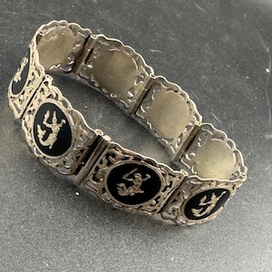 Vintage Siam Silver and black enamel pictorial panel link bracelet 18.5cm 25.8grams