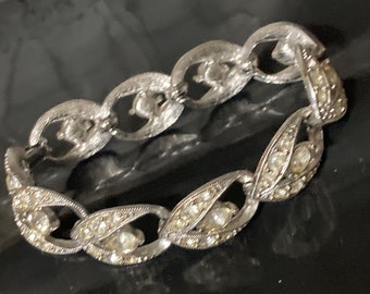 Signed Sarah Coventry Vintage silver tone art deco style diamanté crystal panel link bracelet 18cm