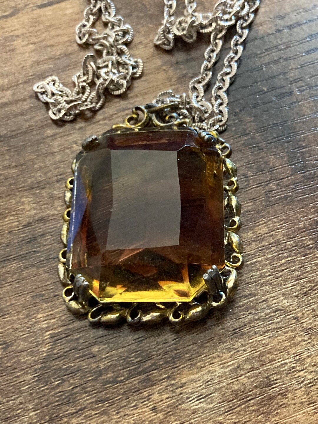 Vintage Gold Tone Metal Brown Cognac Glass Pendant Necklace Etsy